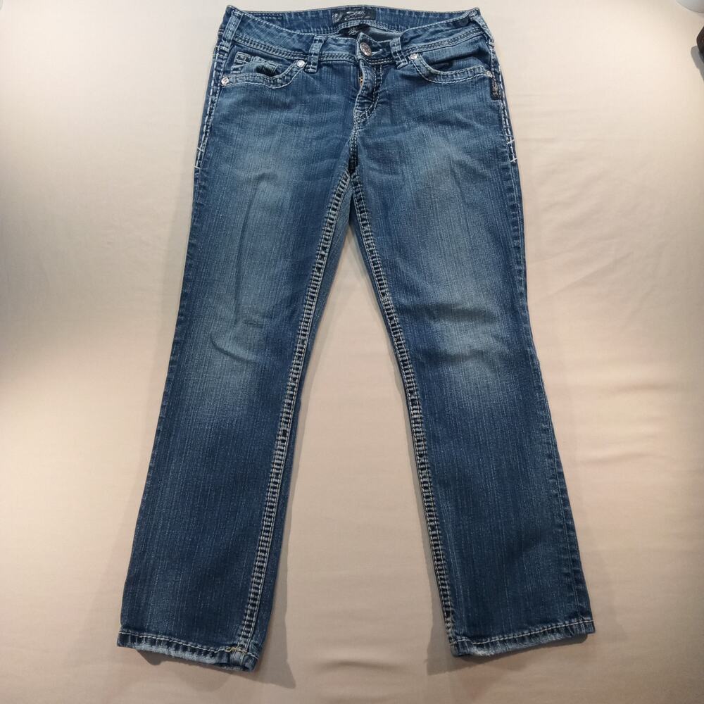 Silver Jeans‎ Co Suki Capri Women’s Size W29 Blue Embroidered Stitching Denim